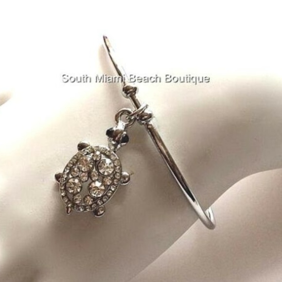 Sea Turtle Charm Bracelet Silver Plated Crystal Nautical Island Wire Bangle - Picture 3 of 8